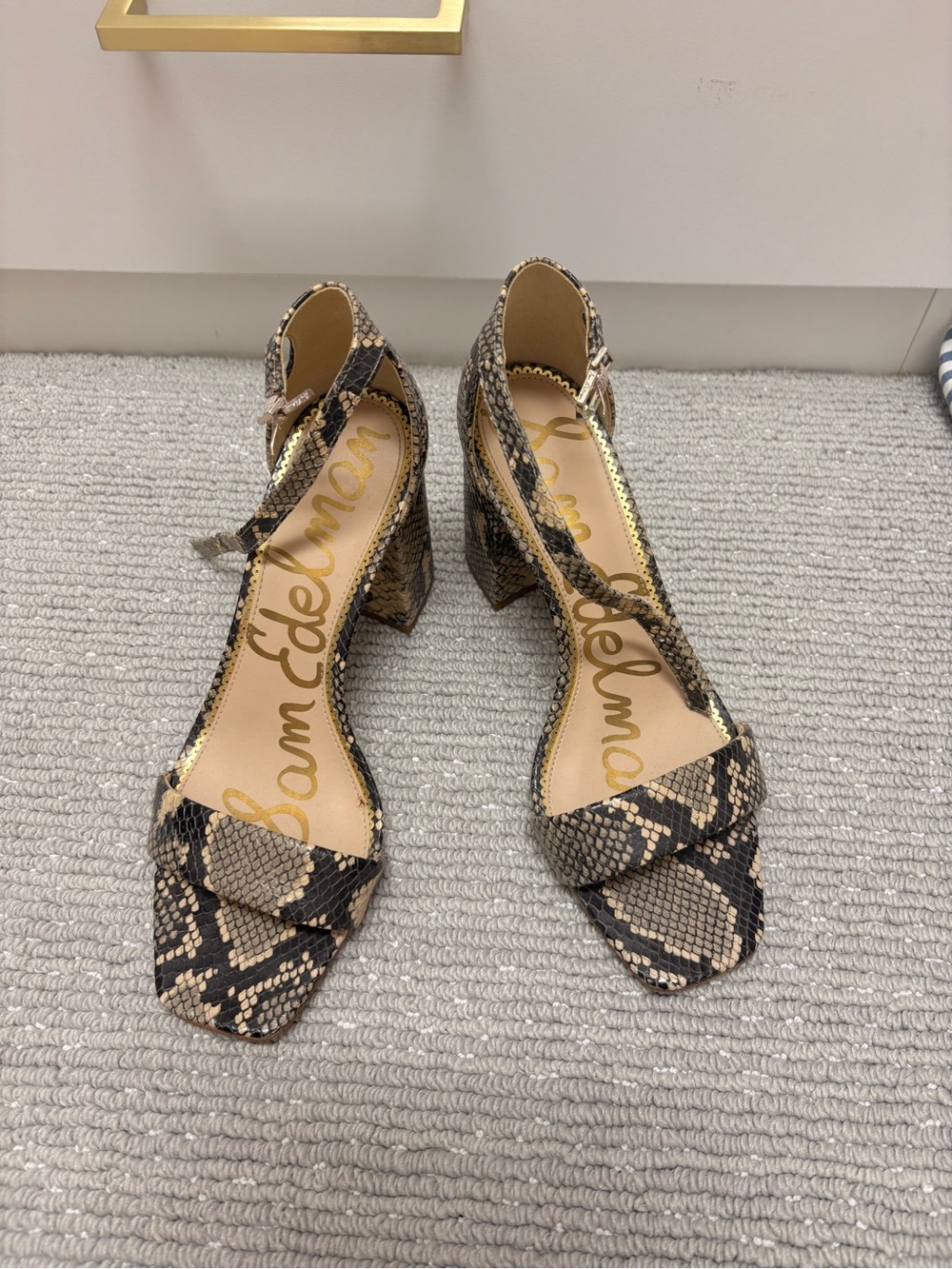 Sam Edelman Black & Beige Snake Print Block Heel Sandals